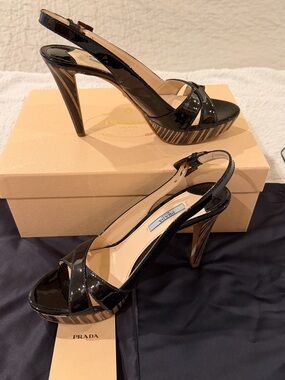 Prada Black Patent Leather Peep-Toe Slingback Platform Heels Authentic